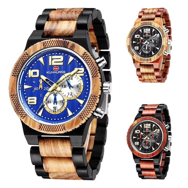 KH1016 Blue Multi Functional 44MM Three Eyes Six Needle Wooden Versatile Men Quartz Sports Watch Exquisite Texture - MCROONS.COM