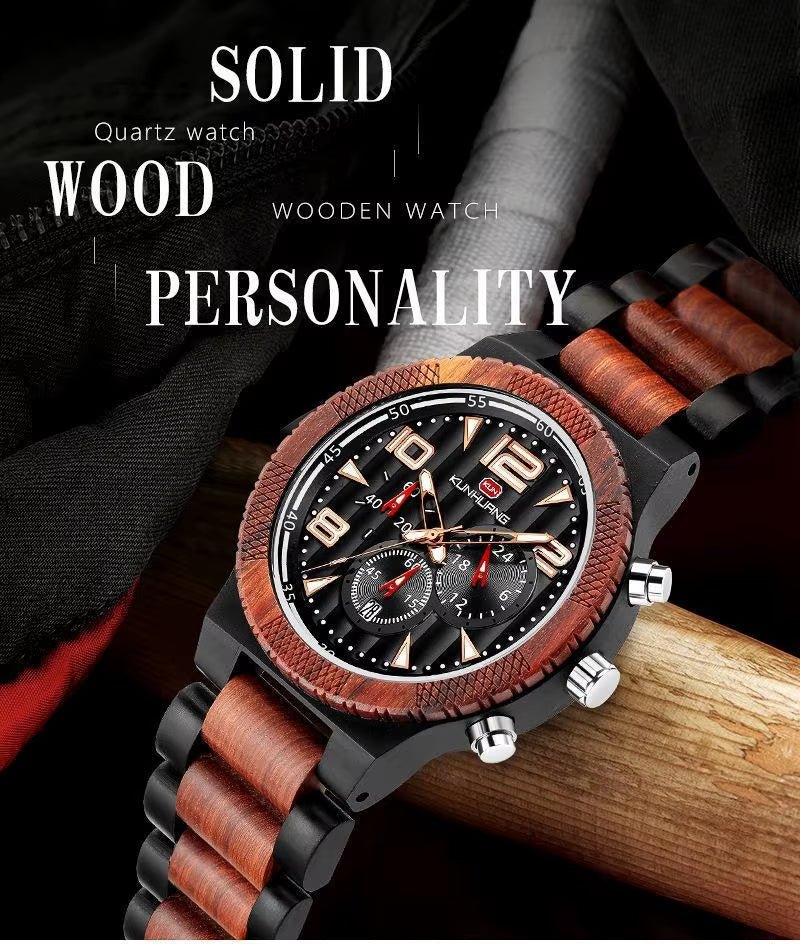 KH1016 Blue Multi Functional 44MM Three Eyes Six Needle Wooden Versatile Men Quartz Sports Watch Exquisite Texture - MCROONS.COM