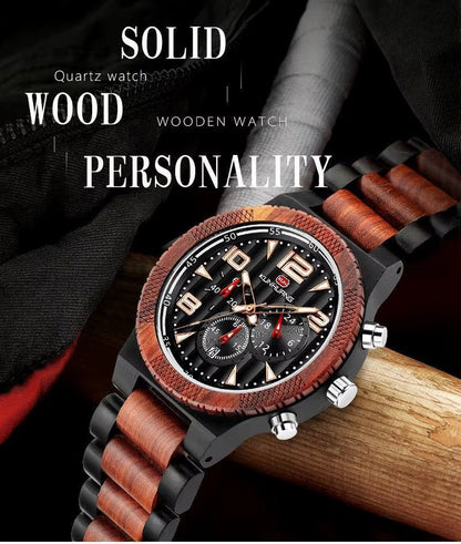 KH1016 Blue Multi Functional 44MM Three Eyes Six Needle Wooden Versatile Men Quartz Sports Watch Exquisite Texture - MCROONS.COM