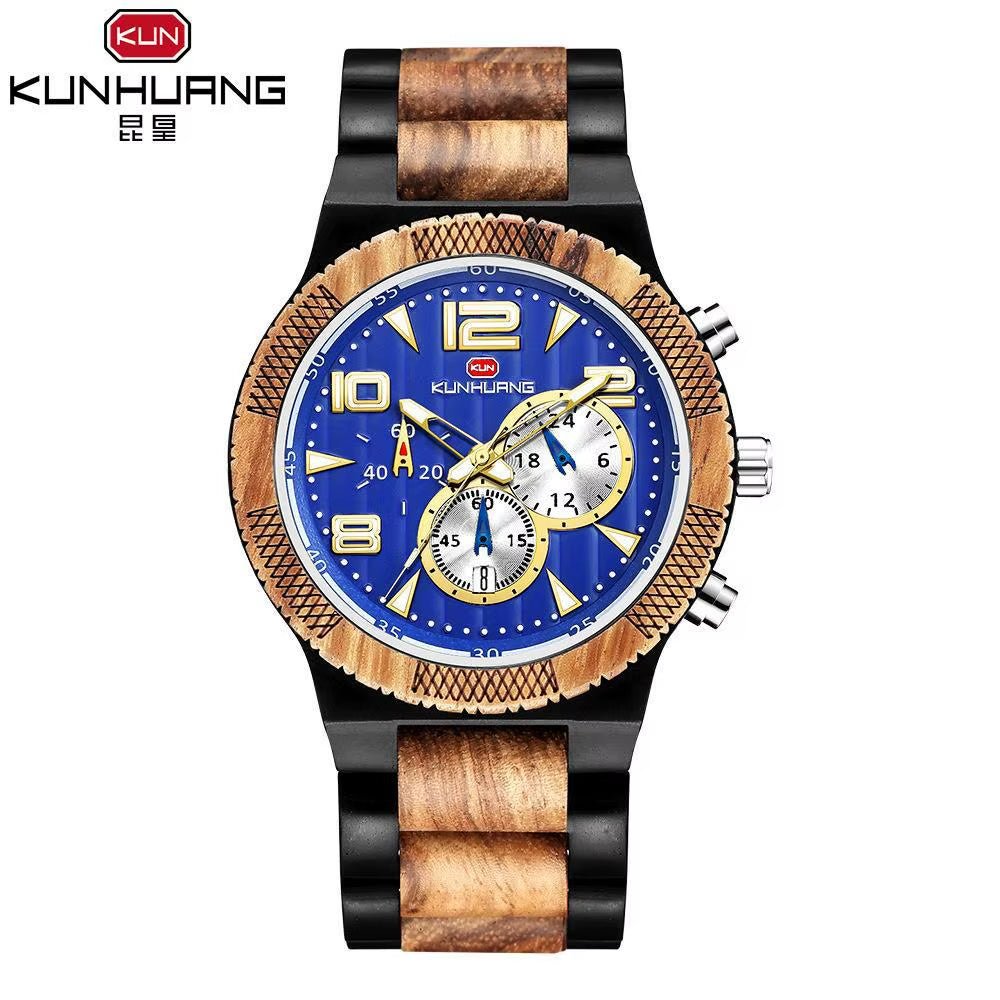 KH1016 Blue Multi Functional 44MM Three Eyes Six Needle Wooden Versatile Men Quartz Sports Watch Exquisite Texture - MCROONS.COM