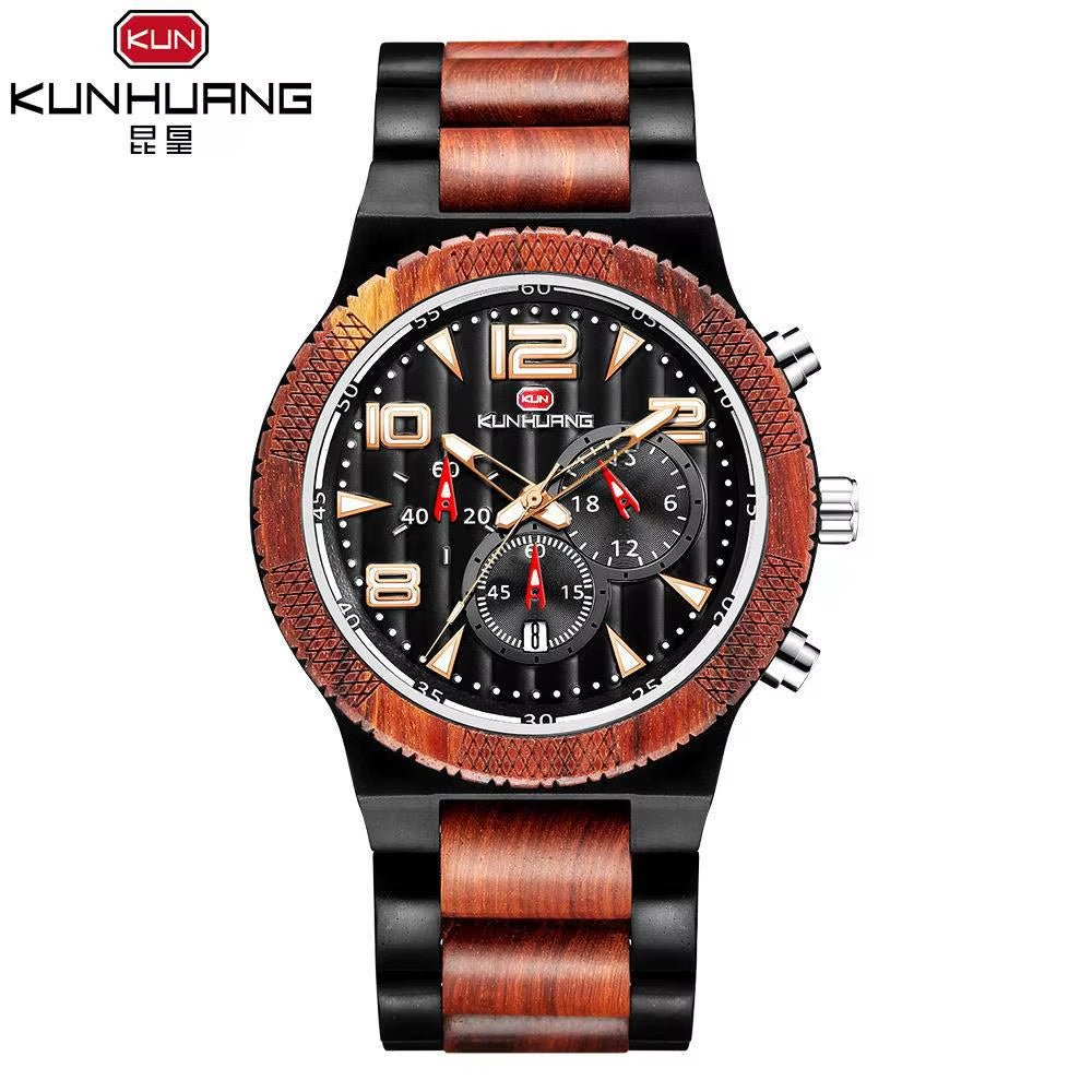 KH1016 Blue Multi Functional 44MM Three Eyes Six Needle Wooden Versatile Men Quartz Sports Watch Exquisite Texture - MCROONS.COM