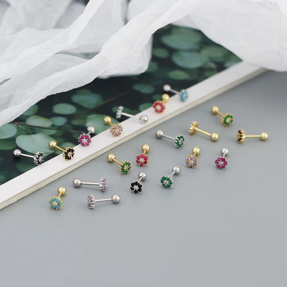 KR Colored Zircon Earrings S925 Sterling Silver Ins Style Flower Inlaid Diamond Screws Earrings Wholesale - MCROONS.COM
