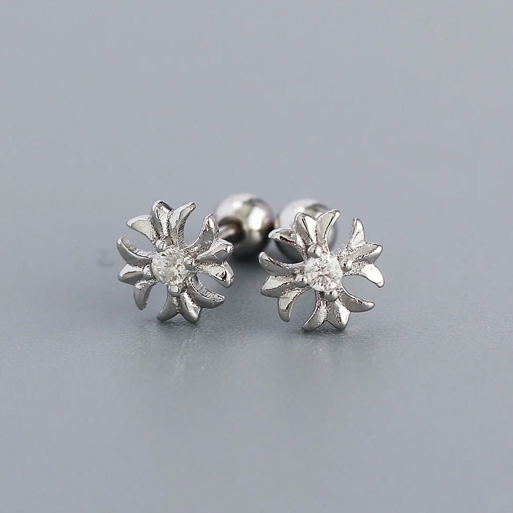 KR S925 Silver Instagram Flower Set Diamond Mini Screw Ear Studs Earbone Studs Sweet Earrings - MCROONS.COM