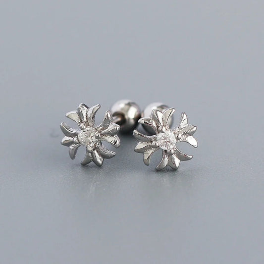 KR S925 Silver Instagram Flower Set Diamond Mini Screw Ear Studs Earbone Studs Sweet Earrings - MCROONS.COM