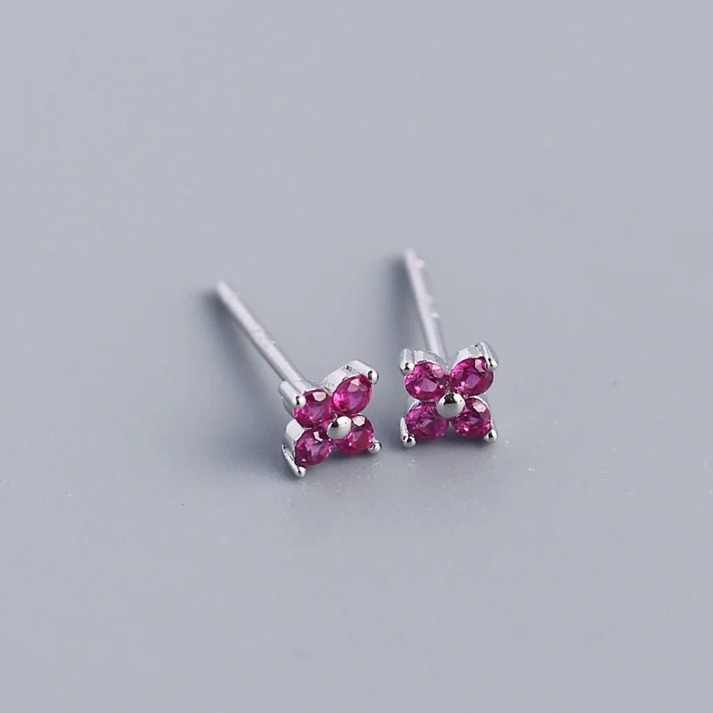 KR Simple Diamond S925 Silver INS Four Leaf Flower Earrings Sweet and Small Colorful Flower Earrings - MCROONS.COM