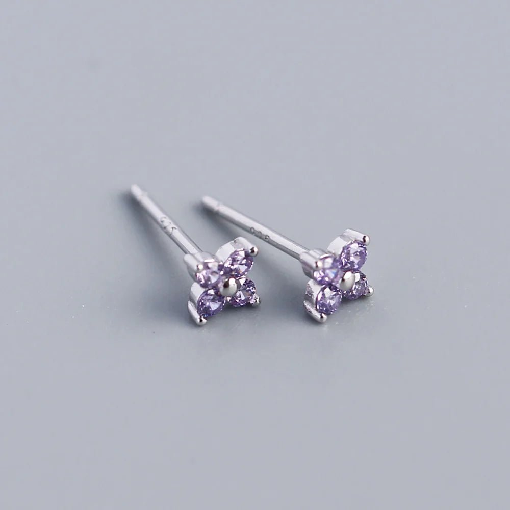 KR Simple Diamond S925 Silver INS Four Leaf Flower Earrings Sweet and Small Colorful Flower Earrings - MCROONS.COM