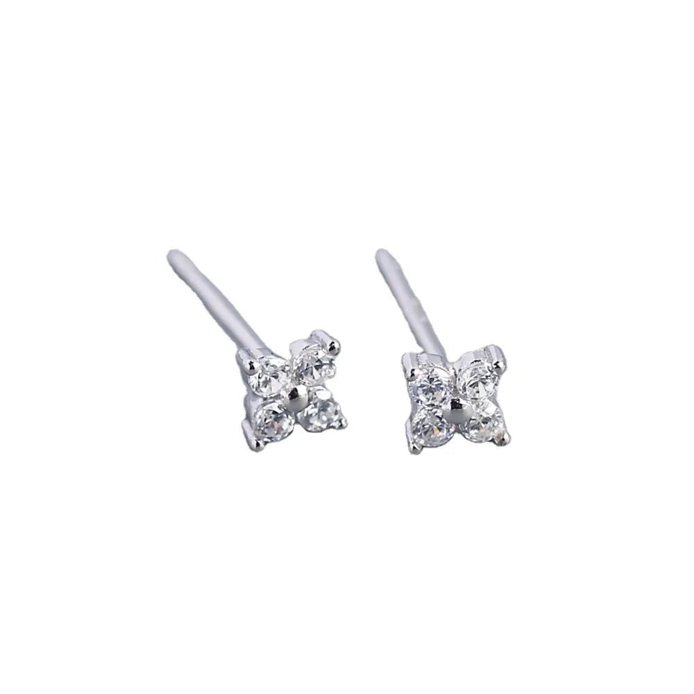 KR Simple Diamond S925 Silver INS Four Leaf Flower Earrings Sweet and Small Colorful Flower Earrings - MCROONS.COM