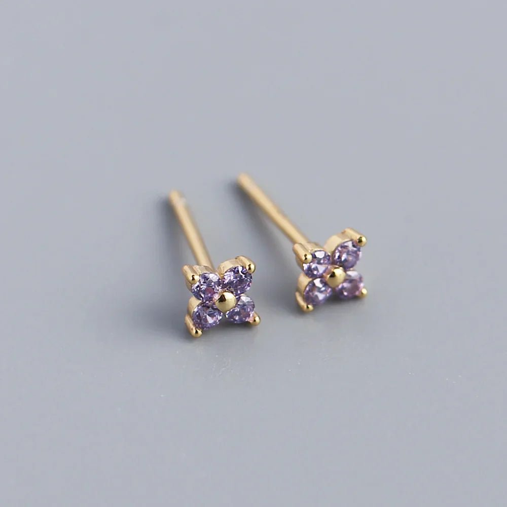 KR Simple Diamond S925 Silver INS Four Leaf Flower Earrings Sweet and Small Colorful Flower Earrings - MCROONS.COM