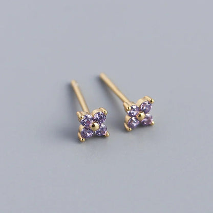 KR Simple Diamond S925 Silver INS Four Leaf Flower Earrings Sweet and Small Colorful Flower Earrings - MCROONS.COM