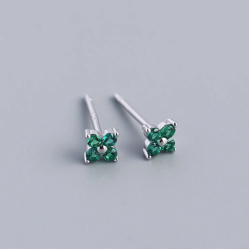 KR Simple Diamond S925 Silver INS Four Leaf Flower Earrings Sweet and Small Colorful Flower Earrings - MCROONS.COM
