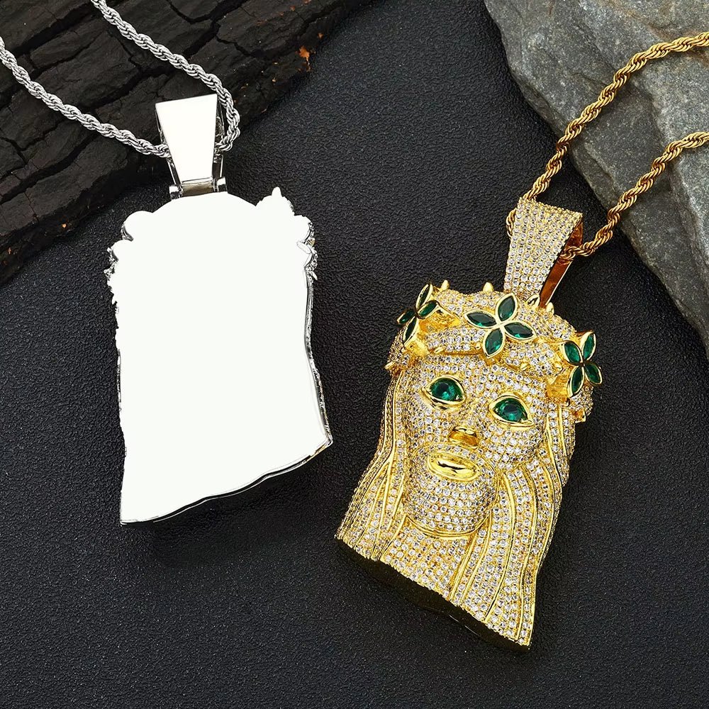 Large Heavy Jesus Pendant Necklace Hip Hop Style Bling Green Zircon Four Leaf Clover Jesus Pendant Jewelry - MCROONS.COM