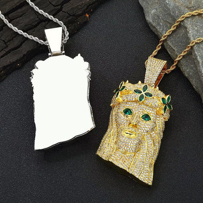 Large Heavy Jesus Pendant Necklace Hip Hop Style Bling Green Zircon Four Leaf Clover Jesus Pendant Jewelry - MCROONS.COM