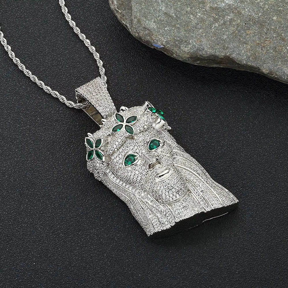 Large Heavy Jesus Pendant Necklace Hip Hop Style Bling Green Zircon Four Leaf Clover Jesus Pendant Jewelry - MCROONS.COM
