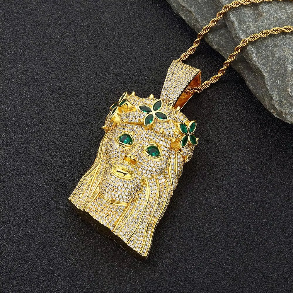 Large Heavy Jesus Pendant Necklace Hip Hop Style Bling Green Zircon Four Leaf Clover Jesus Pendant Jewelry - MCROONS.COM