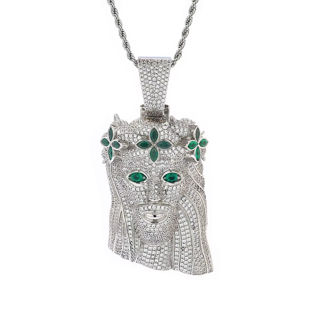 Large Heavy Jesus Pendant Necklace Hip Hop Style Bling Green Zircon Four Leaf Clover Jesus Pendant Jewelry - MCROONS.COM