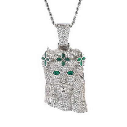 Large Heavy Jesus Pendant Necklace Hip Hop Style Bling Green Zircon Four Leaf Clover Jesus Pendant Jewelry - MCROONS.COM