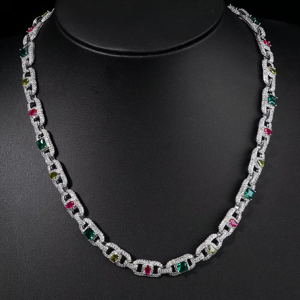 Luxury Colorful Zircon Cuban Chain Necklace Silver Plated Mixed Inlaid Iced Out Diamond Hip Hop Fine Jewelry - MCROONS.COM