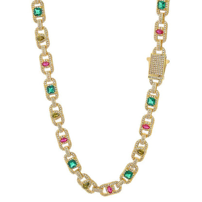 Luxury Colorful Zircon Cuban Chain Necklace Silver Plated Mixed Inlaid Iced Out Diamond Hip Hop Fine Jewelry - MCROONS.COM