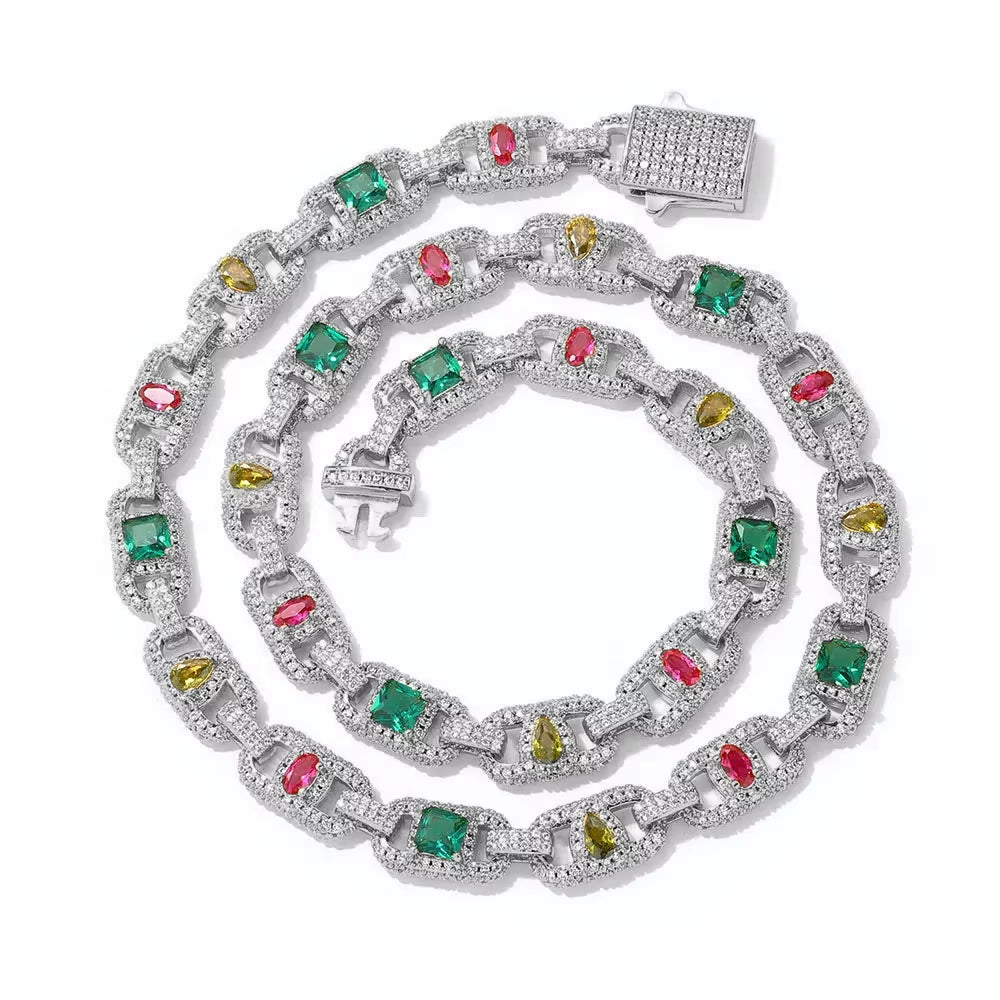 Luxury Colorful Zircon Cuban Chain Necklace Silver Plated Mixed Inlaid Iced Out Diamond Hip Hop Fine Jewelry - MCROONS.COM