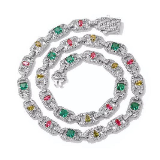 Luxury Colorful Zircon Cuban Chain Necklace Silver Plated Mixed Inlaid Iced Out Diamond Hip Hop Fine Jewelry - MCROONS.COM