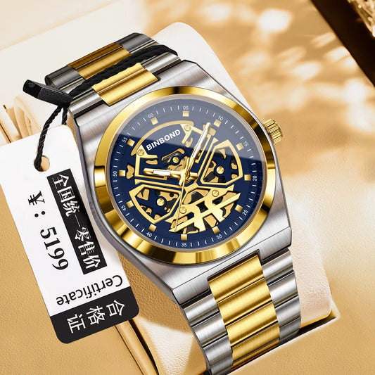 Luxury Men'S Stainless Steel Quartz Watch Binbond Hot Selling Classic Style Hollowed Out High - Quality Luminous Wrist Watch - MCROONS.COM