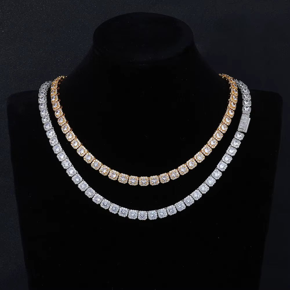 Luxury Tennis Chain for Women 7Mm Cluster Design Necklace Gold Silver Plated Iced Out Zircon Shiny Hip Hop Jewelry - MCROONS.COM