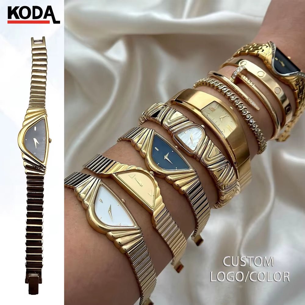 Luxury Vintage 16Mm Quartz Wristwatch Half Moon Asymmetrical Gold Tone White Glass Square Alloy Leather Strap Antique Business - MCROONS.COM