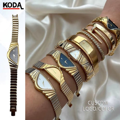 Luxury Vintage 16Mm Quartz Wristwatch Half Moon Asymmetrical Gold Tone White Glass Square Alloy Leather Strap Antique Business - MCROONS.COM