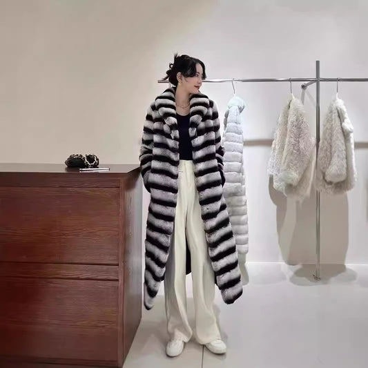 New Vintage Striped Golden Mink Woven Velvet Faux Fur Casual Women's Winter Poncho Long Over-the-Knee Warm Eco-Friendly