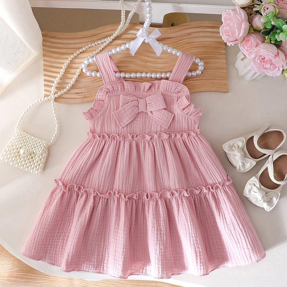 Spring Summer Cute Knitted Solid Condole Belt Ruffled Three Dimensional Bow Set Baby Girl Cake Skirt Dress