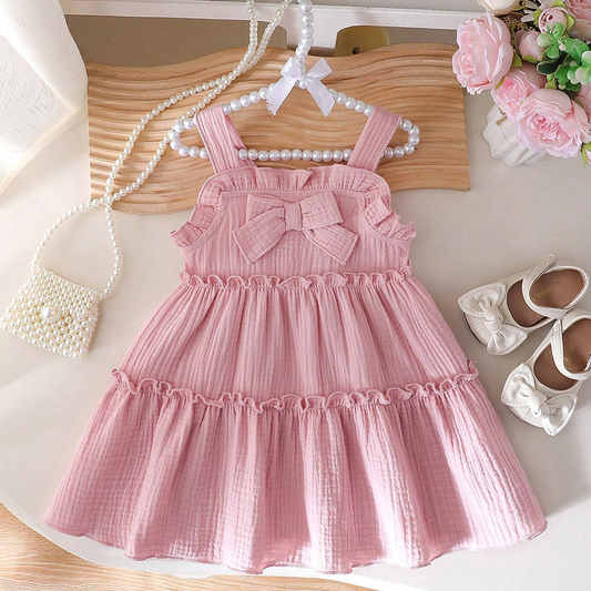 Spring Summer Cute Knitted Solid Condole Belt Ruffled Three Dimensional Bow Set Baby Girl Cake Skirt Dress