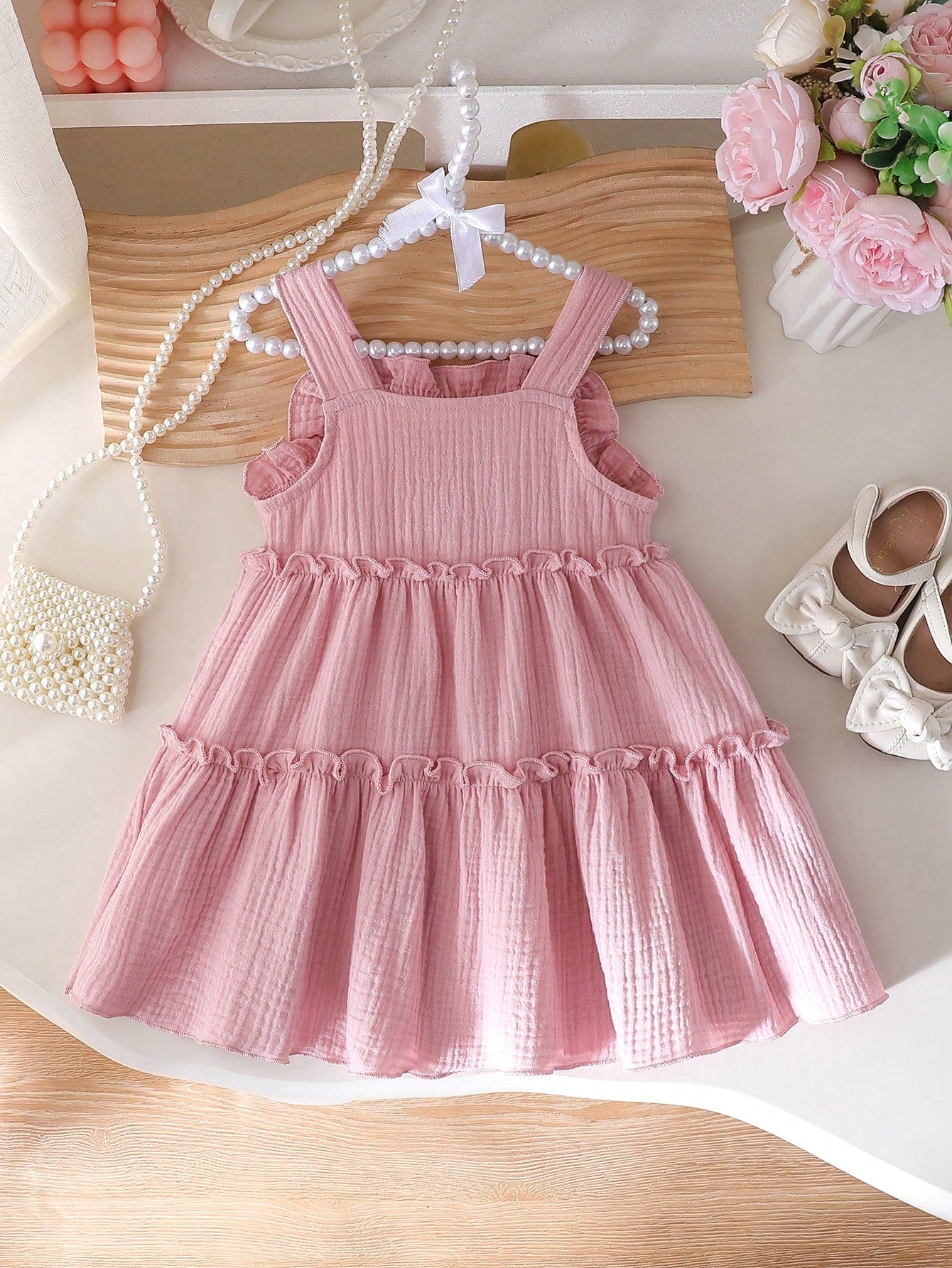 Spring Summer Cute Knitted Solid Condole Belt Ruffled Three Dimensional Bow Set Baby Girl Cake Skirt Dress