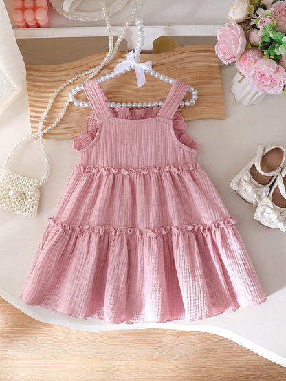 Spring Summer Cute Knitted Solid Condole Belt Ruffled Three Dimensional Bow Set Baby Girl Cake Skirt Dress