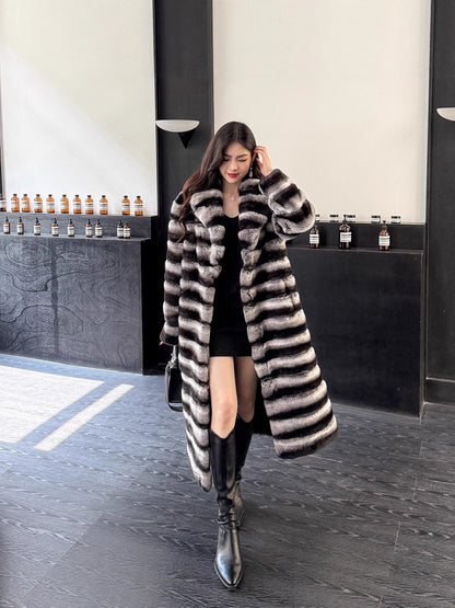 New Vintage Striped Golden Mink Woven Velvet Faux Fur Casual Women's Winter Poncho Long Over-the-Knee Warm Eco-Friendly