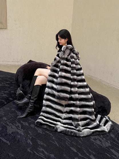 New Vintage Striped Golden Mink Woven Velvet Faux Fur Casual Women's Winter Poncho Long Over-the-Knee Warm Eco-Friendly