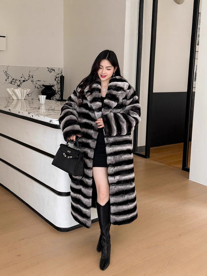 New Vintage Striped Golden Mink Woven Velvet Faux Fur Casual Women's Winter Poncho Long Over-the-Knee Warm Eco-Friendly