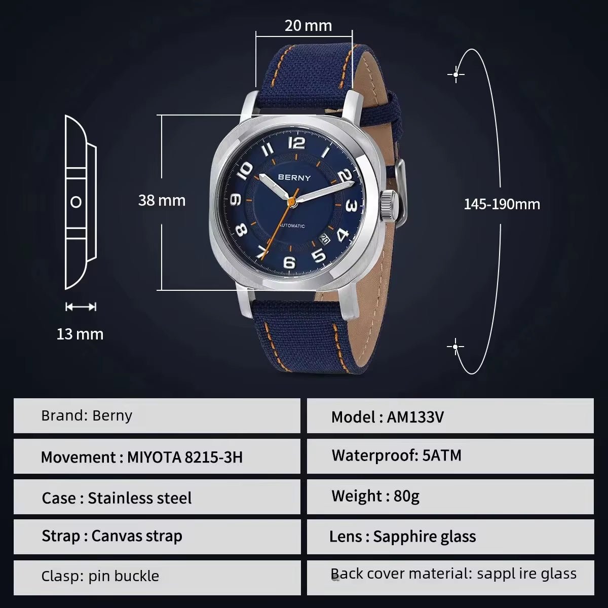 Mechanical Watch for Men Pillow 38Mm Case Cushion Sapphire Super Luminous Hands Wristwatch Canvas Calendar Watch for Men - MCROONS.COM