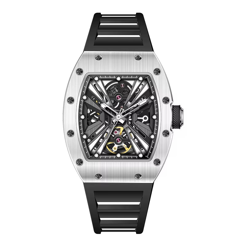 Men'S Trendy Luxury Skeleton Mechanical Watch Luminous Carbon Fiber Barrel - Type with Silicone Band Summer Type - MCROONS.COM