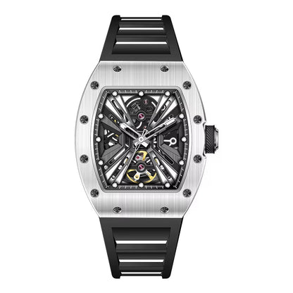 Men'S Trendy Luxury Skeleton Mechanical Watch Luminous Carbon Fiber Barrel - Type with Silicone Band Summer Type - MCROONS.COM