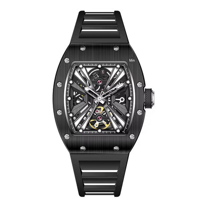 Men'S Trendy Luxury Skeleton Mechanical Watch Luminous Carbon Fiber Barrel - Type with Silicone Band Summer Type - MCROONS.COM