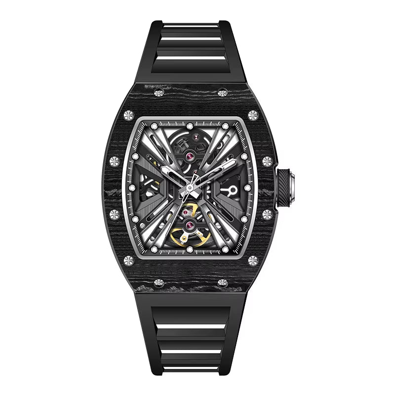 Men'S Trendy Luxury Skeleton Mechanical Watch Luminous Carbon Fiber Barrel - Type with Silicone Band Summer Type - MCROONS.COM