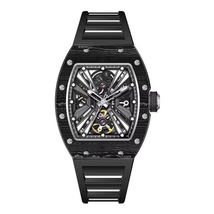 Men'S Trendy Luxury Skeleton Mechanical Watch Luminous Carbon Fiber Barrel - Type with Silicone Band Summer Type - MCROONS.COM