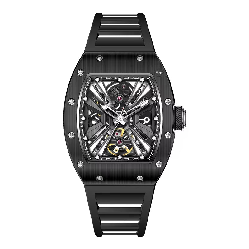 Men'S Trendy Luxury Skeleton Mechanical Watch Luminous Carbon Fiber Barrel - Type with Silicone Band Summer Type - MCROONS.COM