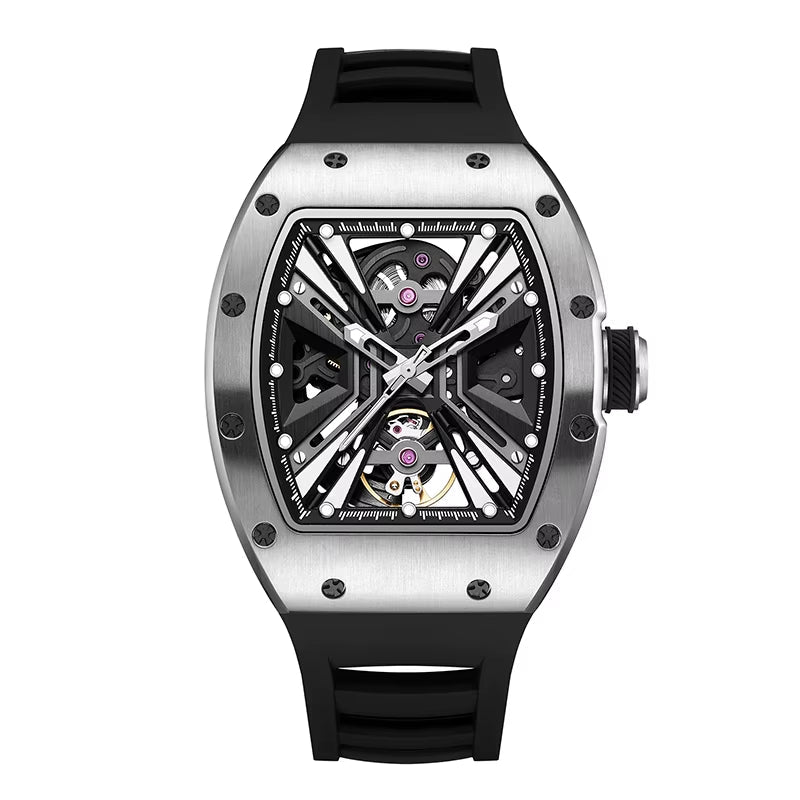 Men'S Trendy Luxury Skeleton Mechanical Watch Luminous Carbon Fiber Barrel - Type with Silicone Band Summer Type - MCROONS.COM
