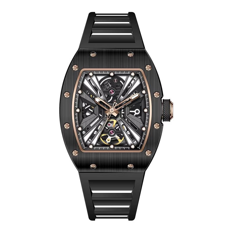 Men'S Trendy Luxury Skeleton Mechanical Watch Luminous Carbon Fiber Barrel - Type with Silicone Band Summer Type - MCROONS.COM