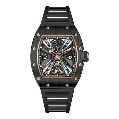 Men'S Trendy Luxury Skeleton Mechanical Watch Luminous Carbon Fiber Barrel - Type with Silicone Band Summer Type - MCROONS.COM