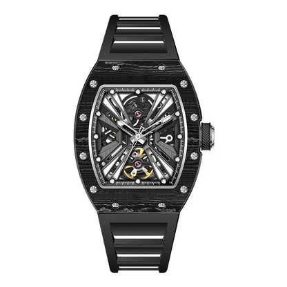 Men'S Trendy Luxury Skeleton Mechanical Watch Luminous Carbon Fiber Barrel - Type with Silicone Band Summer Type - MCROONS.COM