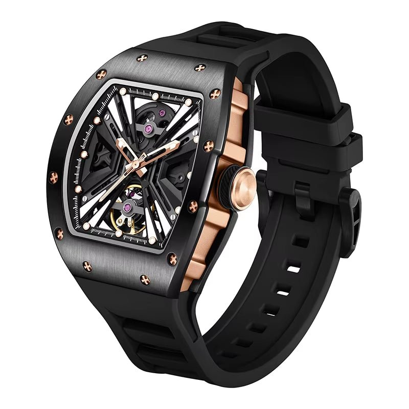 Men'S Trendy Luxury Skeleton Mechanical Watch Luminous Carbon Fiber Barrel - Type with Silicone Band Summer Type - MCROONS.COM