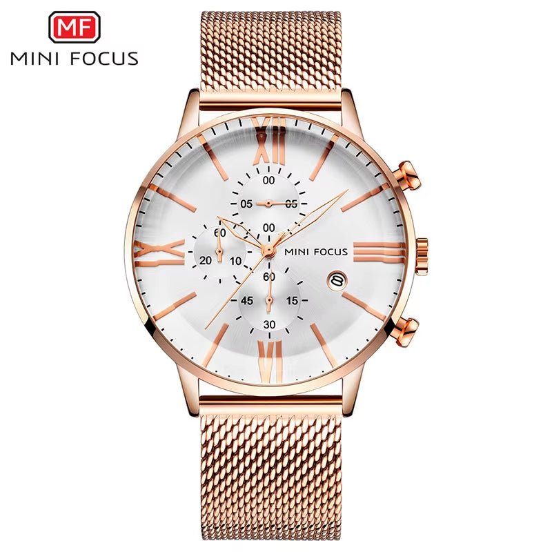 MINI FOCUS 0236G Latest Design Arched Hook Buckle Stainless Steel Mesh Roman Numeral Scale Quartz Watch for Men - MCROONS.COM