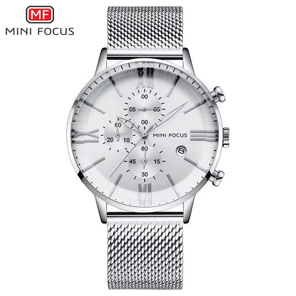MINI FOCUS 0236G Latest Design Arched Hook Buckle Stainless Steel Mesh Roman Numeral Scale Quartz Watch for Men - MCROONS.COM